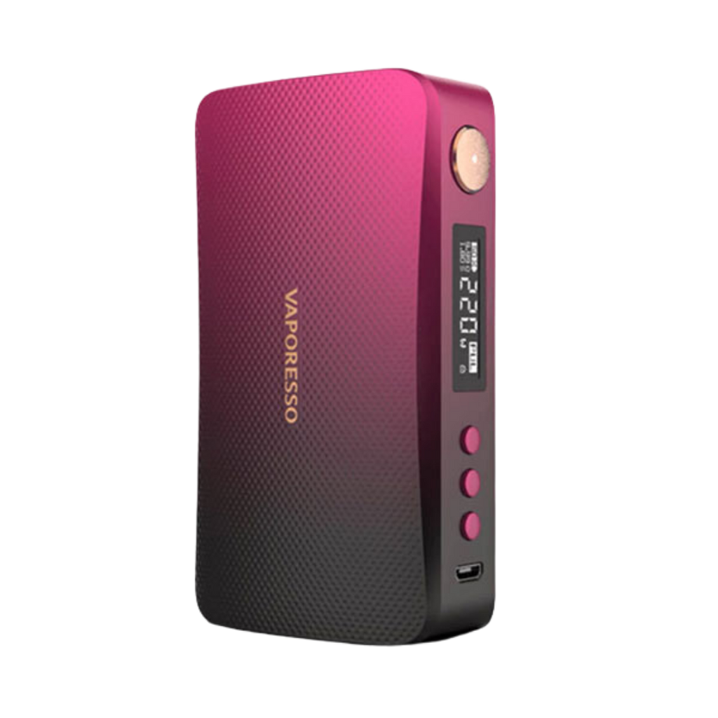 Pink and black Vaporesso power bank on a white background