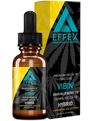 This image features a product packaging for the "Extrax_Euphorica Collection_Delta 10_Tincture - Vibin' Sour Blueberry OG". The packaging is vibrant with a striking combination of black, yellow, and blue.