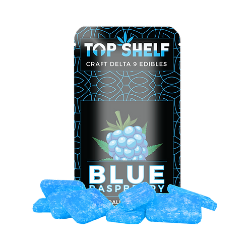 A package of Top Shelf Hemp Co Delta-9 THC gummies in Blue Raspberry flavor, with an image of a raspberry on the front.