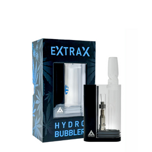 A product image showing the Extrax Hydro Bubbler for Cartridges, which includes the battery, glass bubbler, and the product packaging with the brand name and product name visible.