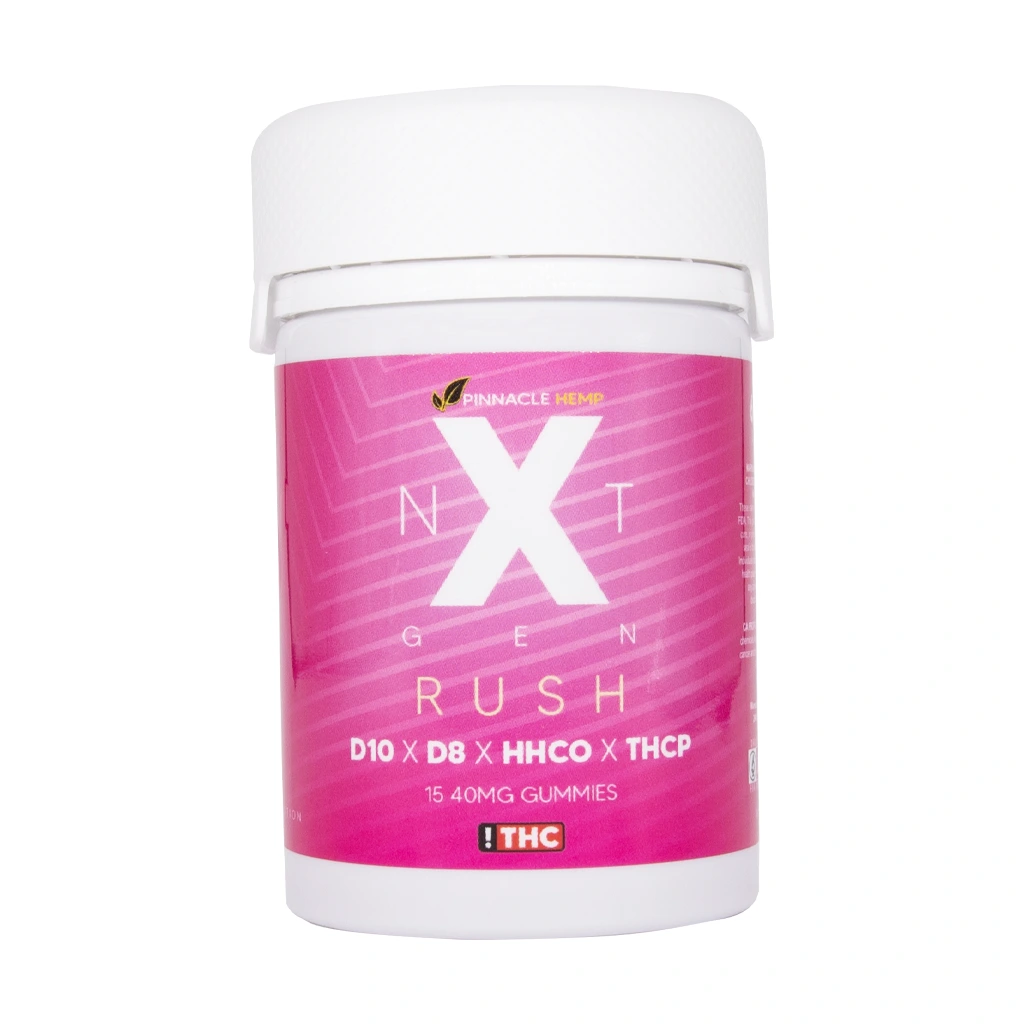 Pink container labeled 'Pinnacle Hemp NXT Gen Rush' on a white background