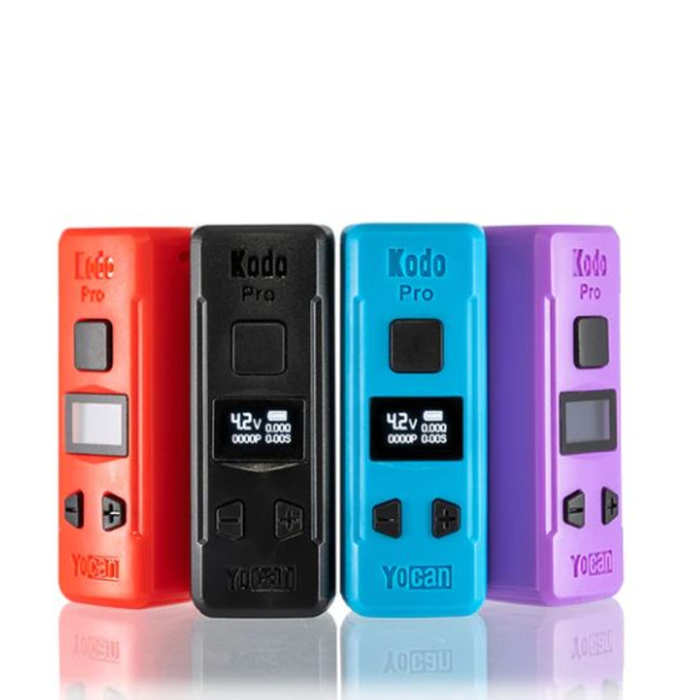 Four Yocan Kodo Pro vape devices in red, black, blue, and purple on a white background.