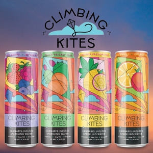 Four cans of Climbing Kites infused seltzer beverage, each with a different fruit design and labeled with their respective flavor and THC/CBD content.