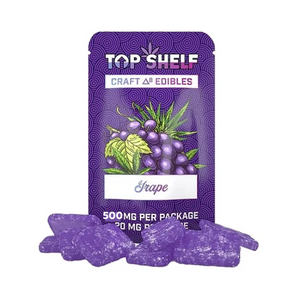 Purple packaging of Top Shelf Craft Edibles with grape illustration and gummy bears on a white background