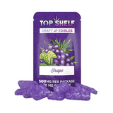 Purple packaging of Top Shelf Craft Edibles with grape illustration and gummy bears on a white background