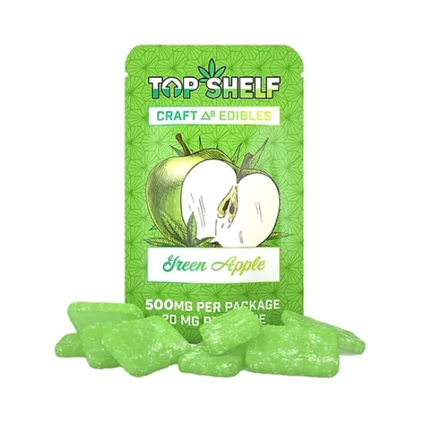 Green apple-themed cannabis edibles packaging with 'Top Shelf' branding on a white background.