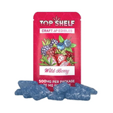 Top Shelf Wild Berry edibles packaging with gummy bears on a white background