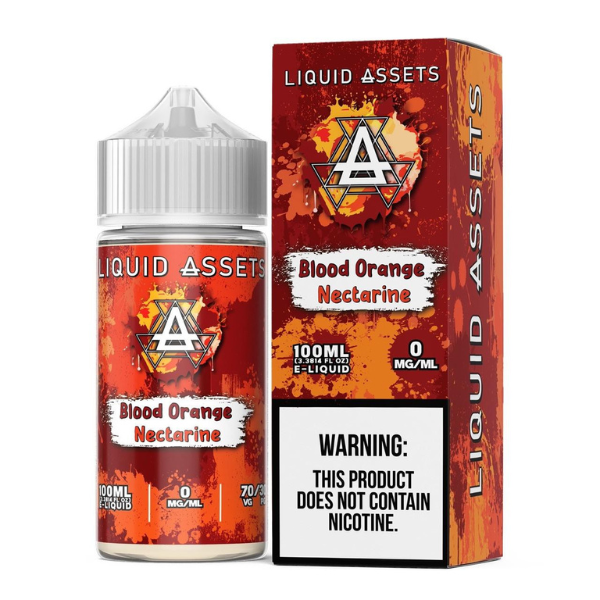 A product image featuring a 100mL bottle of Liquid Assets e-liquid with a Blood Orange Nectarine flavor, accompanied by its packaging box. The bottle is white with a red label, and the box is adorned with similar color themes and the product name.