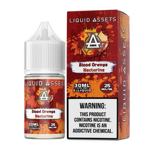 A product image featuring a 30mL bottle of Liquid Assets e-liquid in Blood Orange Nectarine flavor, with a box in the background carrying the same design.