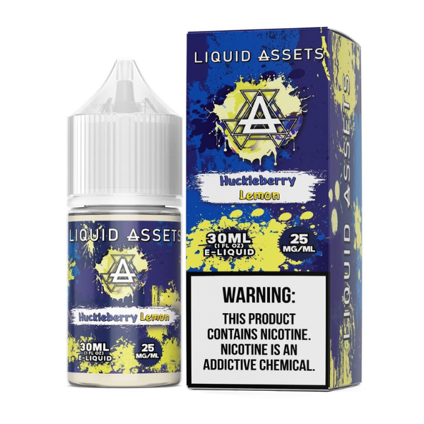 A product image featuring a 30mL bottle of Liquid Assets e-liquid in Huckleberry Lemon flavor, with a warning label stating it contains nicotine.
