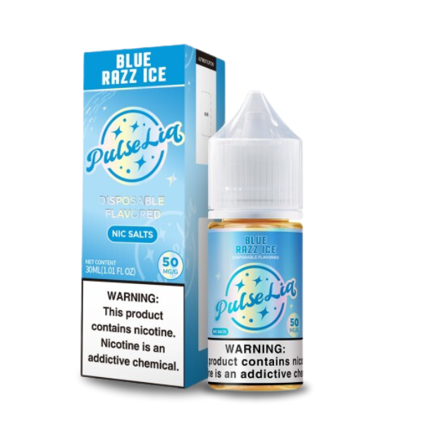 A product image showing a bottle of Pulse Liq Salts Blue Razz Ice e-liquid, along with its packaging box. The e-liquid bottle is white with a blue label, and the box is also blue with product information printed on it.