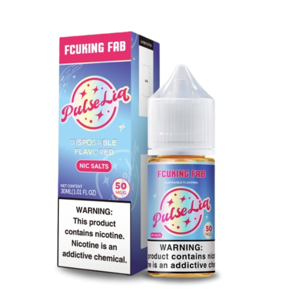 A product image showing a bottle of Pulse Liq Salts with the flavor 'Fcucking Fab' indicated, packaging is predominantly pink and blue with text and branding, in a 30mL container size.