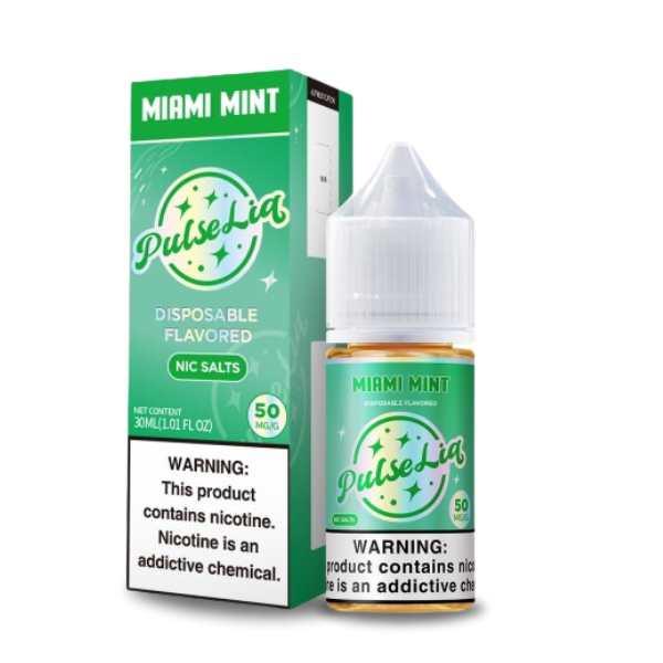 A bottle of Pulse Liq Salts Miami Mint flavor, accompanied by its packaging. The product is labeled as a disposable flavored e-liquid with nicotine salts, and it comes in a 30mL bottle with a green and white design.