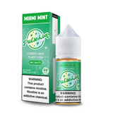 A bottle of Pulse Liq Salts Miami Mint flavor, accompanied by its packaging. The product is labeled as a disposable flavored e-liquid with nicotine salts, and it comes in a 30mL bottle with a green and white design.