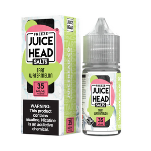 A product image showing the packaging and the bottle for Juice Head Salt Tart Watermelon Freeze. The packaging is predominantly pink and green with the product name and flavor clearly displayed.