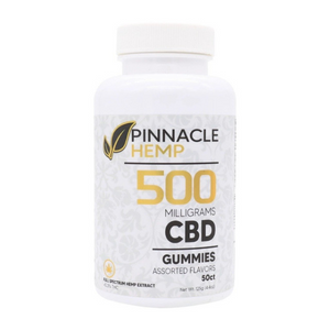 A bottle of Pinnacle Hemp Full Spectrum CBD Gummies, 500 milligrams, with assorted flavors, containing 50 gummies.