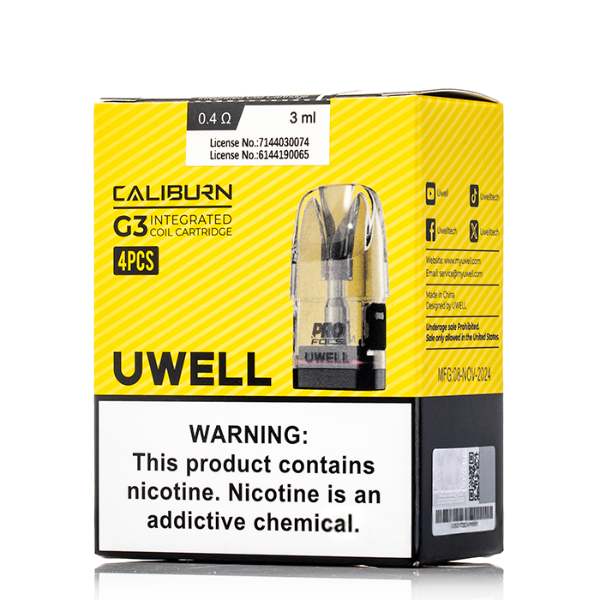 Packaging of Uwell Caliburn G3 3ML Replacement Integrated Coil Cartridge Pod, showing a single pod and the text indicating a 0.4 ohm resistance, 3 ml e-liquid capacity, and the brand name.
