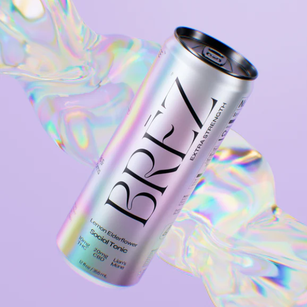 A can of BREZ sparkling beverage with lemon elderflower flavor, presented with a colorful, abstract background.