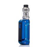 Blue and black vape device on a white background