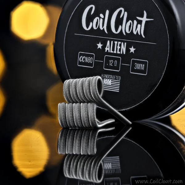 Coil Clout Alien vaping coils with brand name on a black background