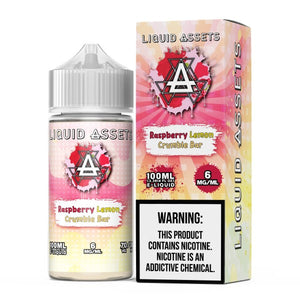 Liquid Assets Raspberry Lemon Crumble Bar e-liquid bottle and packaging on a white background