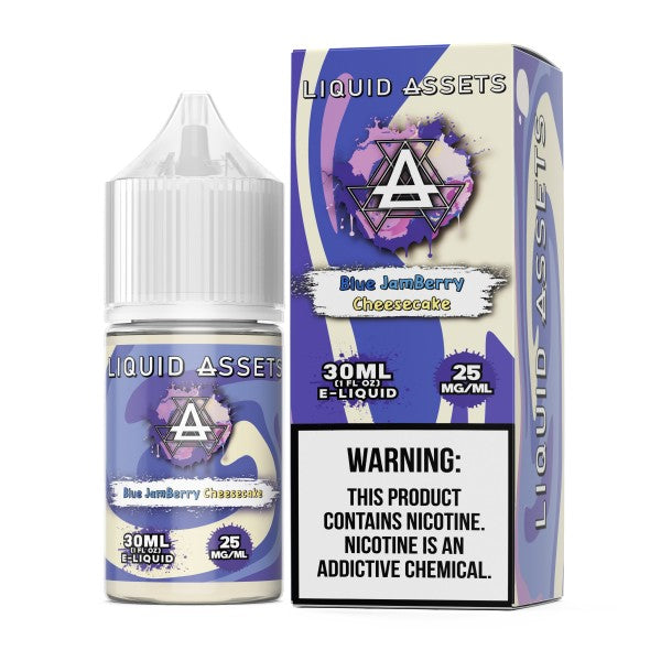 Liquid Assets Blue JamBerry Cheesecake e-liquid bottle and packaging on a white background
