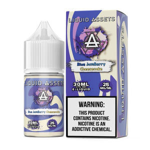 Liquid Assets Blue JamBerry Cheesecake e-liquid bottle and packaging on a white background