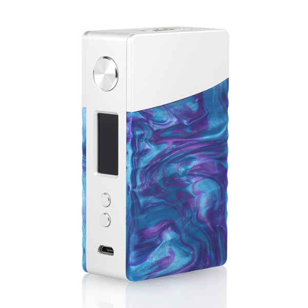 Vape device with blue and purple marbled design on a white background