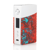 Vape device with red and blue marbled design on a white background
