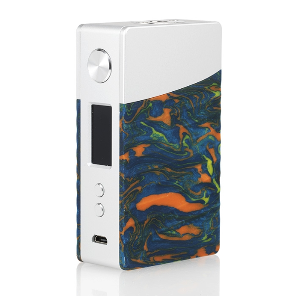Vape device with a white top and colorful marbled pattern on the side against a white background