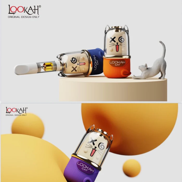 Three Lookah vape devices with cartoon cat designs on a white background