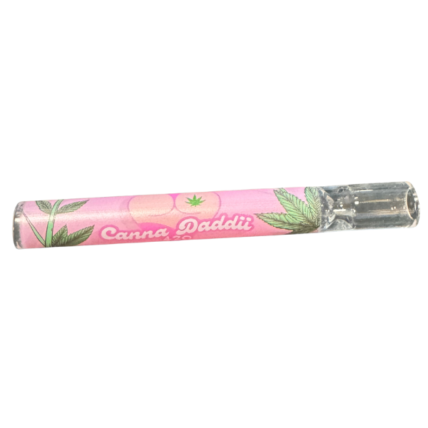Canna Daddii one hitter with pink packaging featuring cannabis leaves and peach slices on a white background