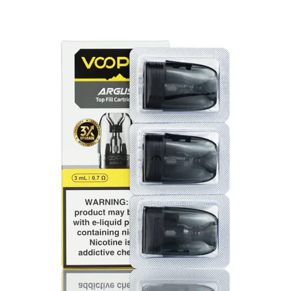 VOOP Argus top fill cartridge packaging with clear cartridges and warning label on a white background