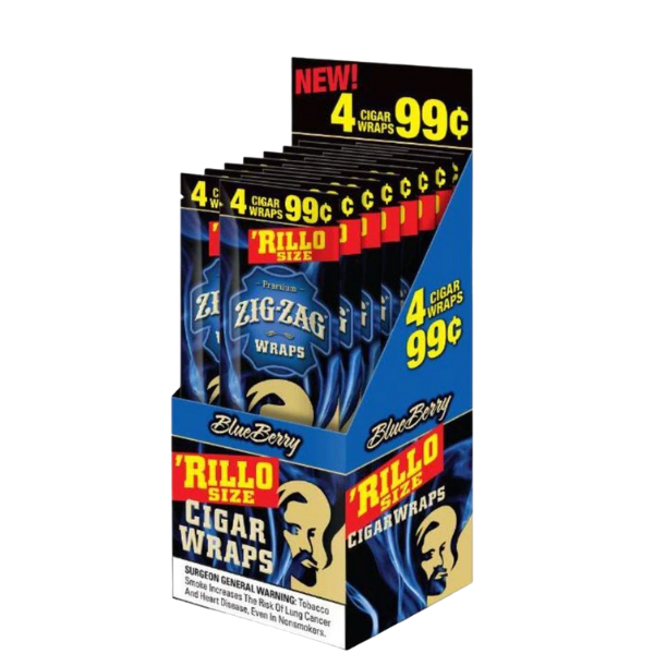 Display of Zig-Zag and Rillo Size Cigar Wraps packaging on a white background Blueberry flavor