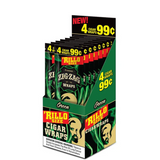 Display of Zigzag and Rillo brand cigar wraps with promotional text on a white background green flavor