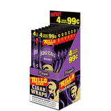 Display box of Zig-Zag and Rillo Size Cigar Wraps with purple and yellow packaging purple flavor