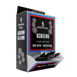 Packaging of Silver Screens stainless steel screen filters with visible text and branding.
