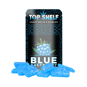 A package of Top Shelf Hemp Co Delta-9 THC gummies in Blue Raspberry flavor, with an image of a raspberry on the front.