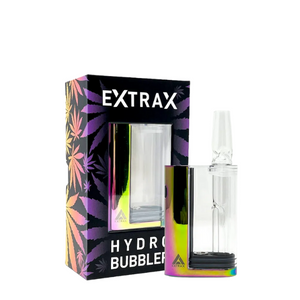 A product image showing the Extrax Hydro Bubbler for Cartridges, which includes the battery, glass bubbler, and the product packaging with the brand name and product name visible.