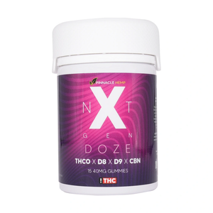 Purple container labeled 'Next Gen Doze' with white lid on a white background