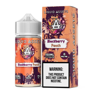 A product image featuring a 100mL bottle of Liquid Assets e-liquid in Blackberry Peach flavor, along with its packaging box.