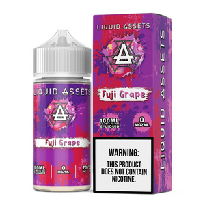 A product image featuring a 100mL bottle of Liquid Assets Fuji Grape e-liquid with its packaging box, showcasing the brand logo, flavor name, and nicotine strength options.
