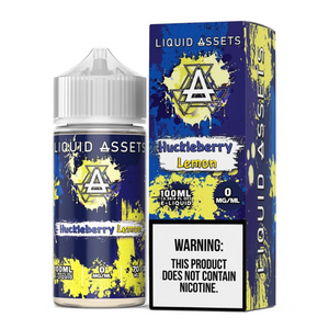 A product image featuring a 100mL bottle of Liquid Assets e-liquid in Huckleberry Lemon flavor, accompanied by its packaging box.