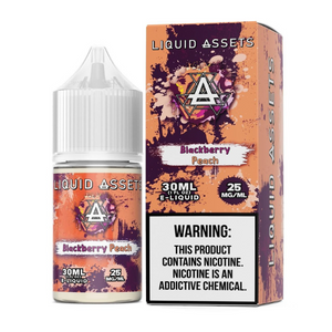 A product image featuring a 30mL bottle of Liquid Assets e-liquid in Blackberry Peach flavor, with a warning label stating it contains nicotine.