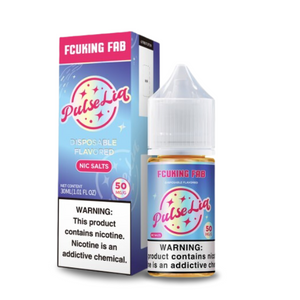 A product image showing a bottle of Pulse Liq Salts with the flavor 'Fcucking Fab' indicated, packaging is predominantly pink and blue with text and branding, in a 30mL container size.