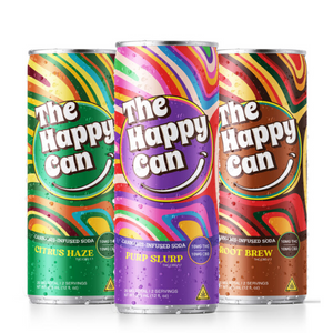 Three cans of The Happy Can beverages with colorful, abstract designs on each representing different flavors: Root Brew, Purp Slurp, and Citrus Haze.