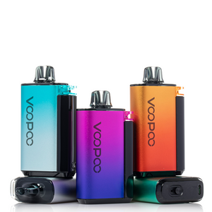 Four VooPoo vape devices in different colors on a white background