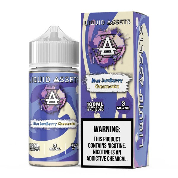 Liquid Assets Blue JamBerry Cheesecake e-liquid bottle and packaging on a white background