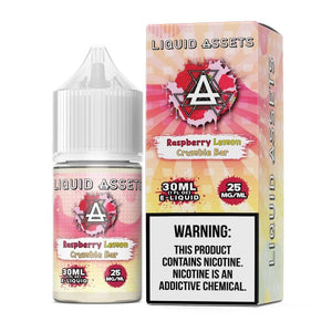 Liquid Assets Raspberry Lemon Crumble Bar e-liquid bottle and packaging on a white background