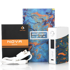 Geekvape Nova vaping device with packaging and accessories on a white background